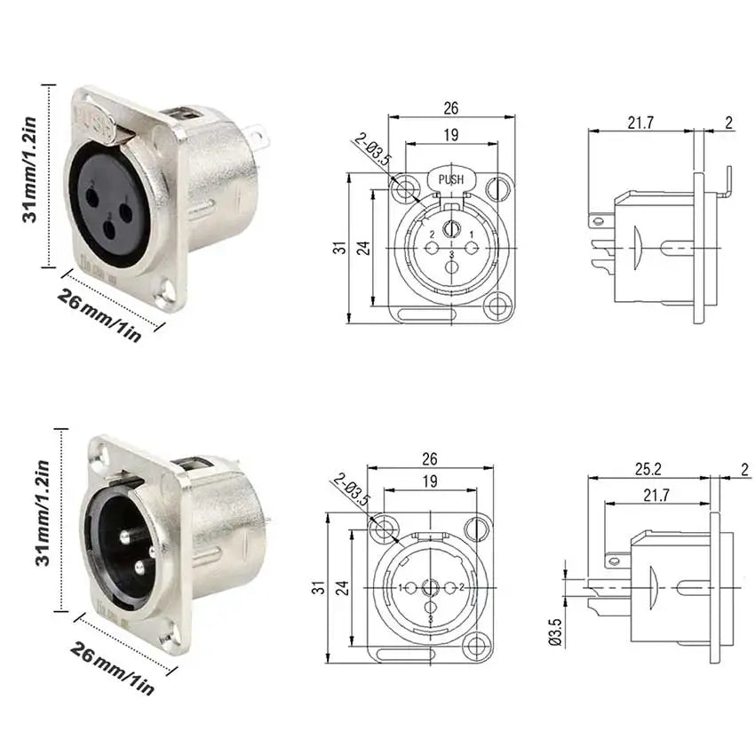 1pcs XLR 3Ppin Male Female Socket Plug Microphone Audio Cable Connector 3P Black Silver Copper Contact XLR Metal Plug Panel