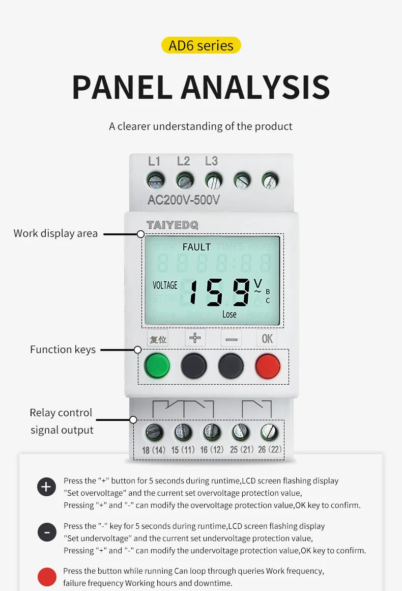 380V With LCD Backlight Display 3 Phase Din Rail Adjustable Under Over Voltage Protector Monitoring Sequence Protection Relay