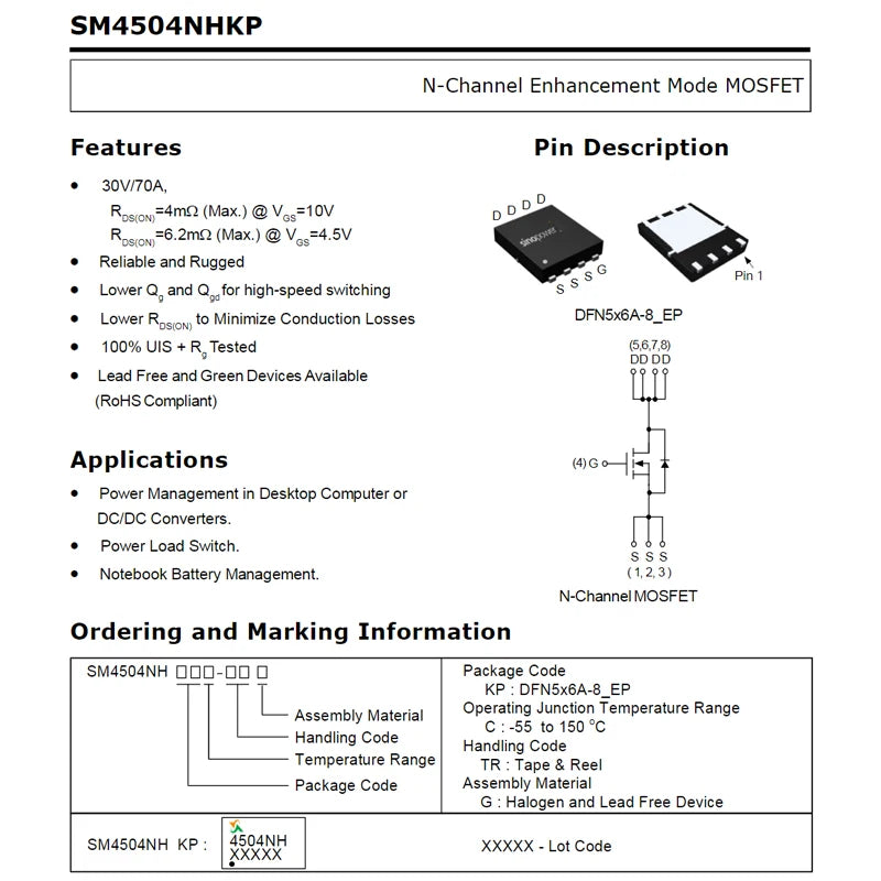 SM4336N SM4337 SM4364A SM4365N SM4370 SM4373NA SM4377N SM4378 4503NH 4504NH 4508NH N-Channel Enhancement Power Transistor MOSFET