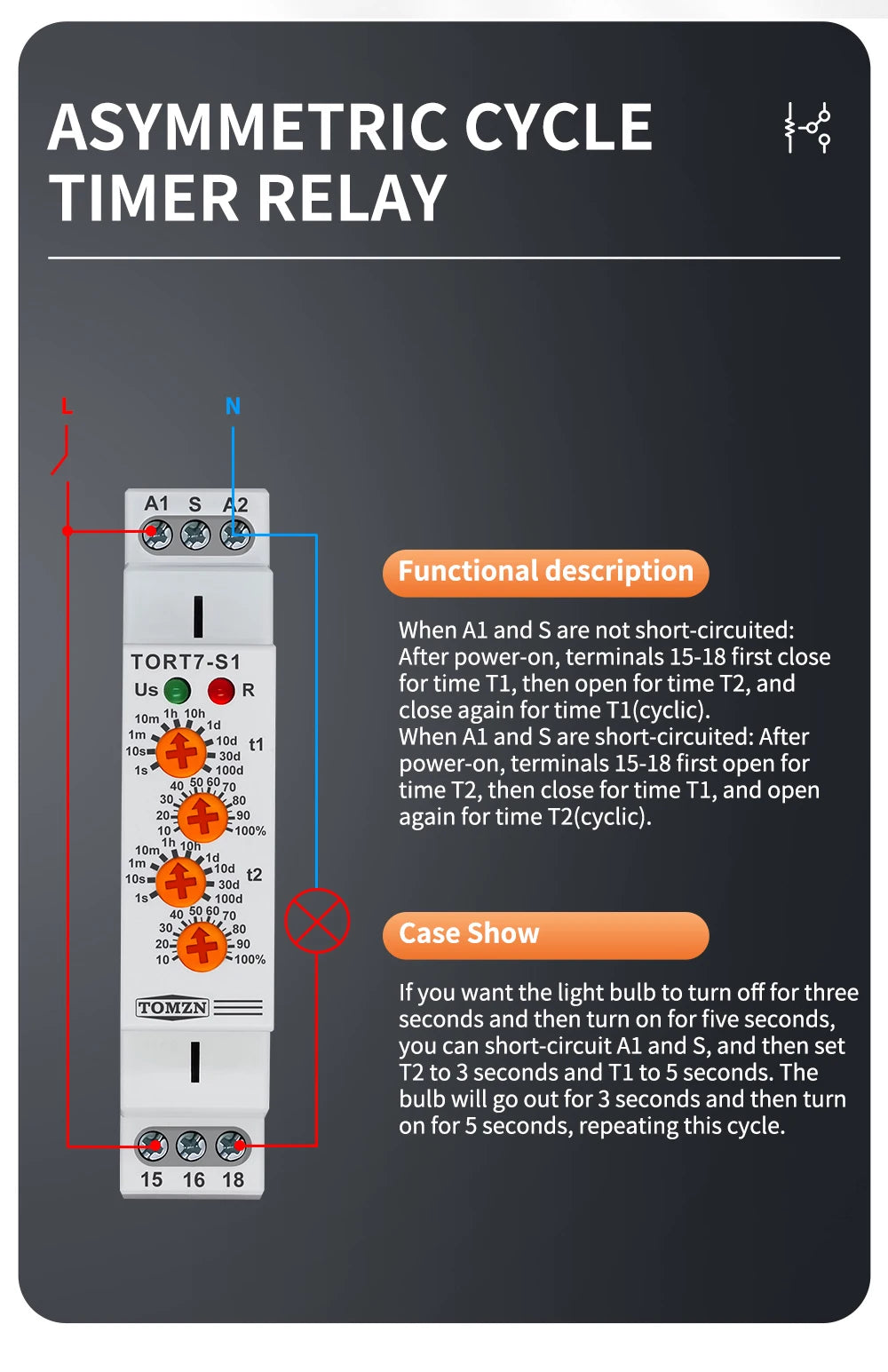 TOMZN TORT7-S1 Timer Relay Asymmetric Cycler Automatic Loop Delay T1-On Time T2-Off Time AC230V 50/60Hz For Traffic Lights