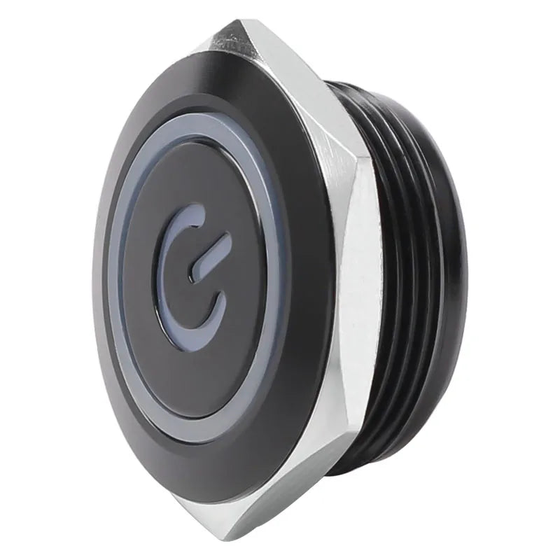 12/16/19/22mm Short Stroke Oxide Blcak Shell Metal Button Switch Waterproof Flat Head With Power LED Light Momentary 1NO 6V 24V