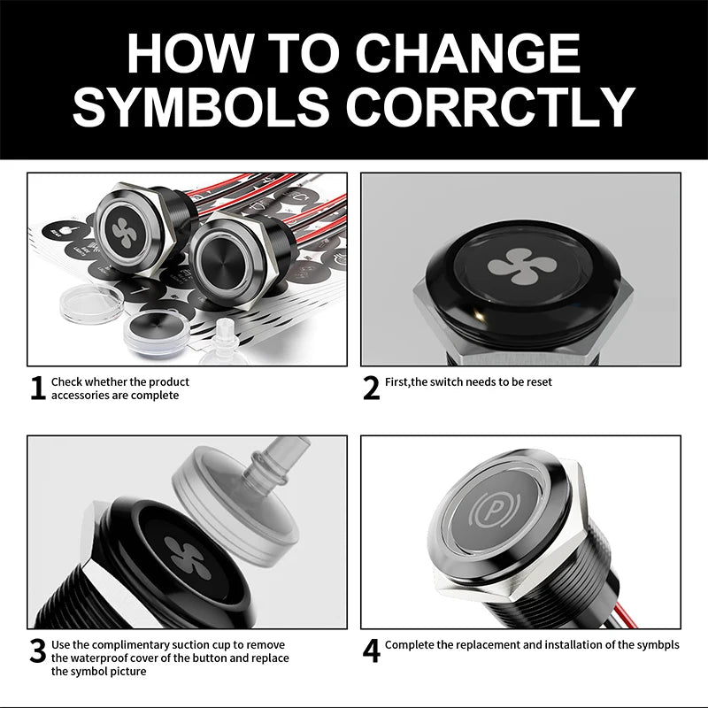 FILN 2Pcs 22mm Symbol Push Button Switch 20A IP67 Waterproof Latching Momentary Marine Switches 185 Replacement Symbols 5V-24V