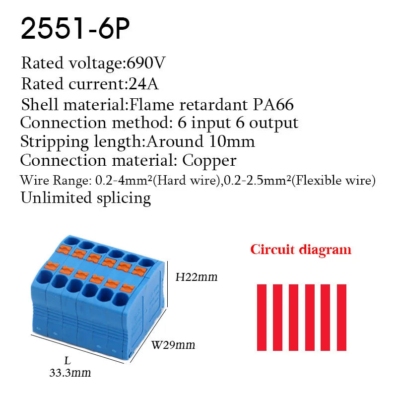 Electrical Cable Wire Connectors Push-in Terminal Block Universal Compact Wiring Multiple In Out Spliceable Mount On Din Rail