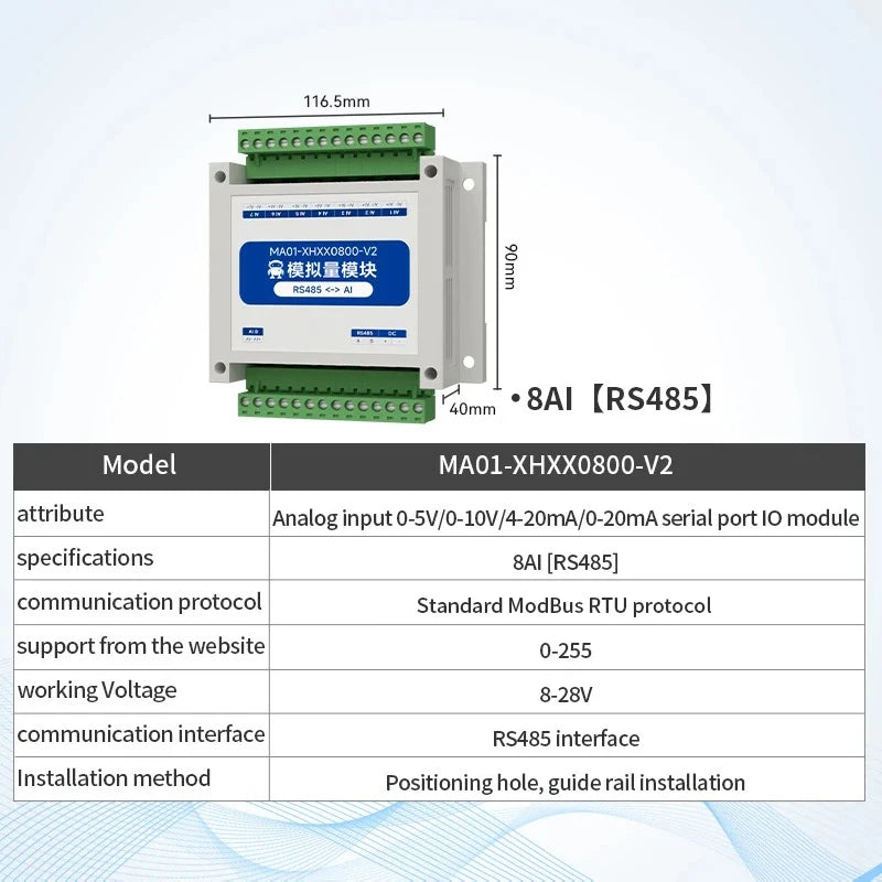 ModBus RTU Serial IO 1/2/4/6/8/10/12-Channel Analog Input Module RS485 CDSENET MA01-XHXX Rail Installation 8~28VDC Watchdog