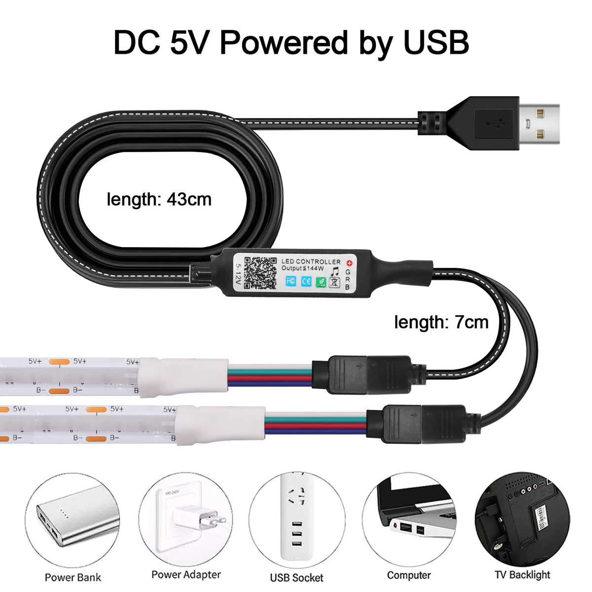 5V RGB COB LED Strip 576LEDs/m Bluetooh App IR Remote Control USB RGB LED Strip Flexible Tape for TV Backlight Room Decoration