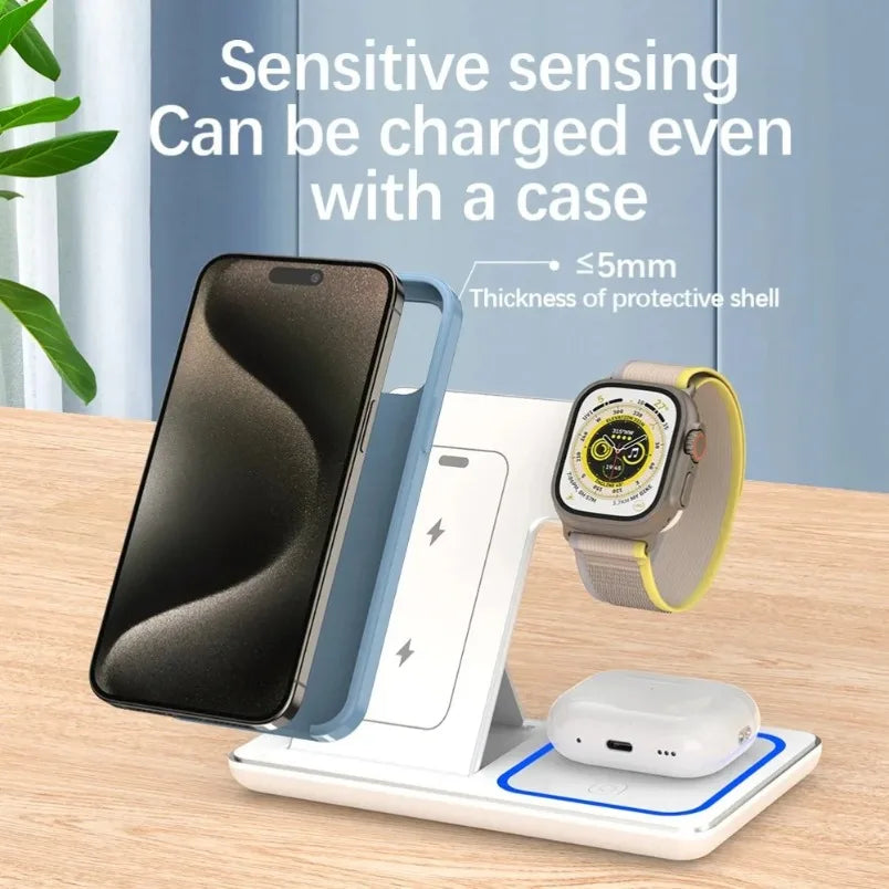 3 in 1 Wireless Charger Stand Foldable 30W LED Fast Charging Station For iPhone 16 15 14 13 12 Apple Watch 9 8 7 6 5 Airpods Pro