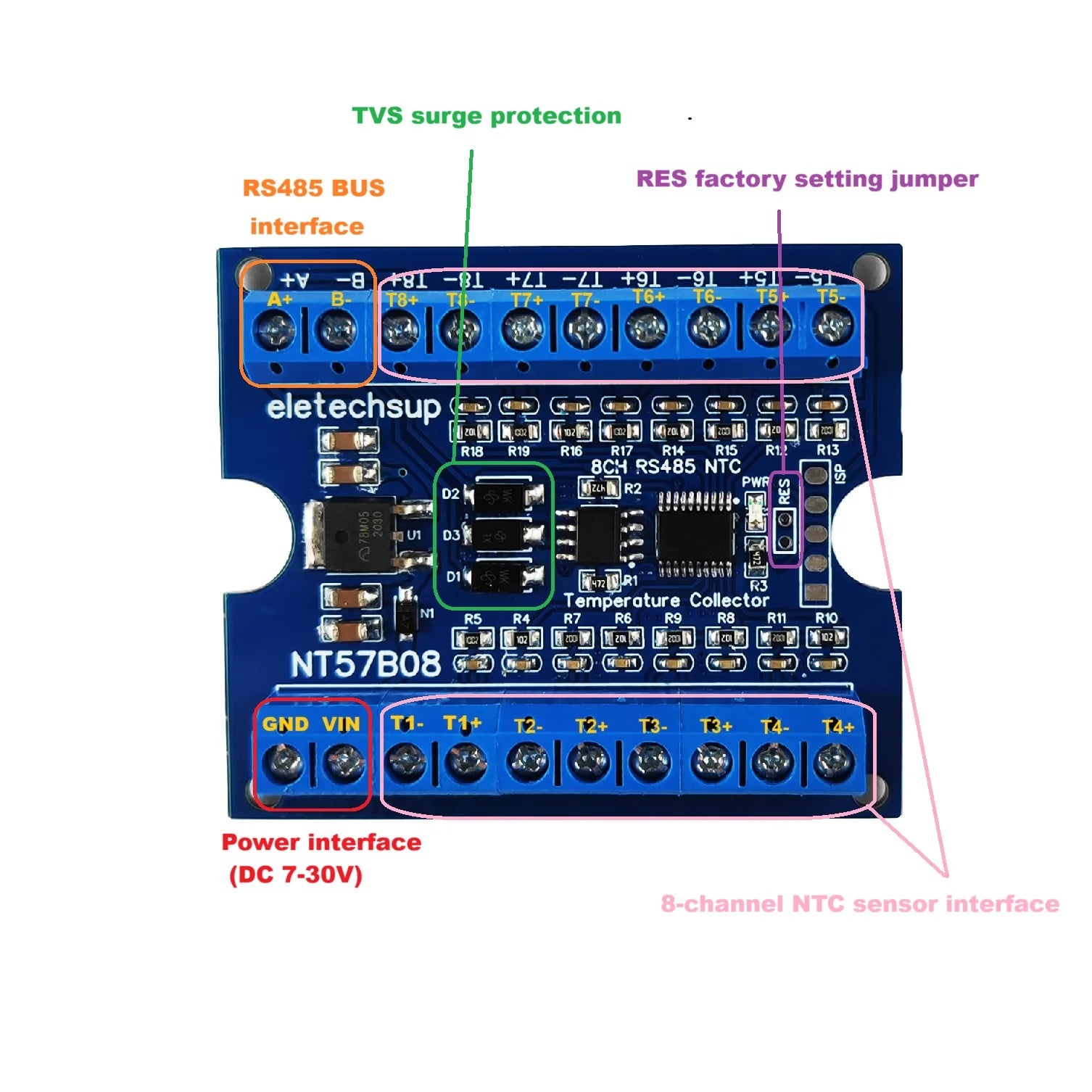 Modbus RTU RS485 NTC Thermocouple Sensors Paperless Recorder Controller 8CH Temperature & Resistance Acquisition Board