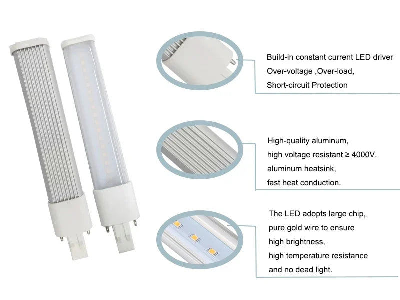 4pcs LED PL G23 GX23 3W4W5W7W Bulb Horizontal Side Plug Ceil CFL PL-S 7W 9W 13W Read Table Desk Lamp Replacement,Remove Ballast