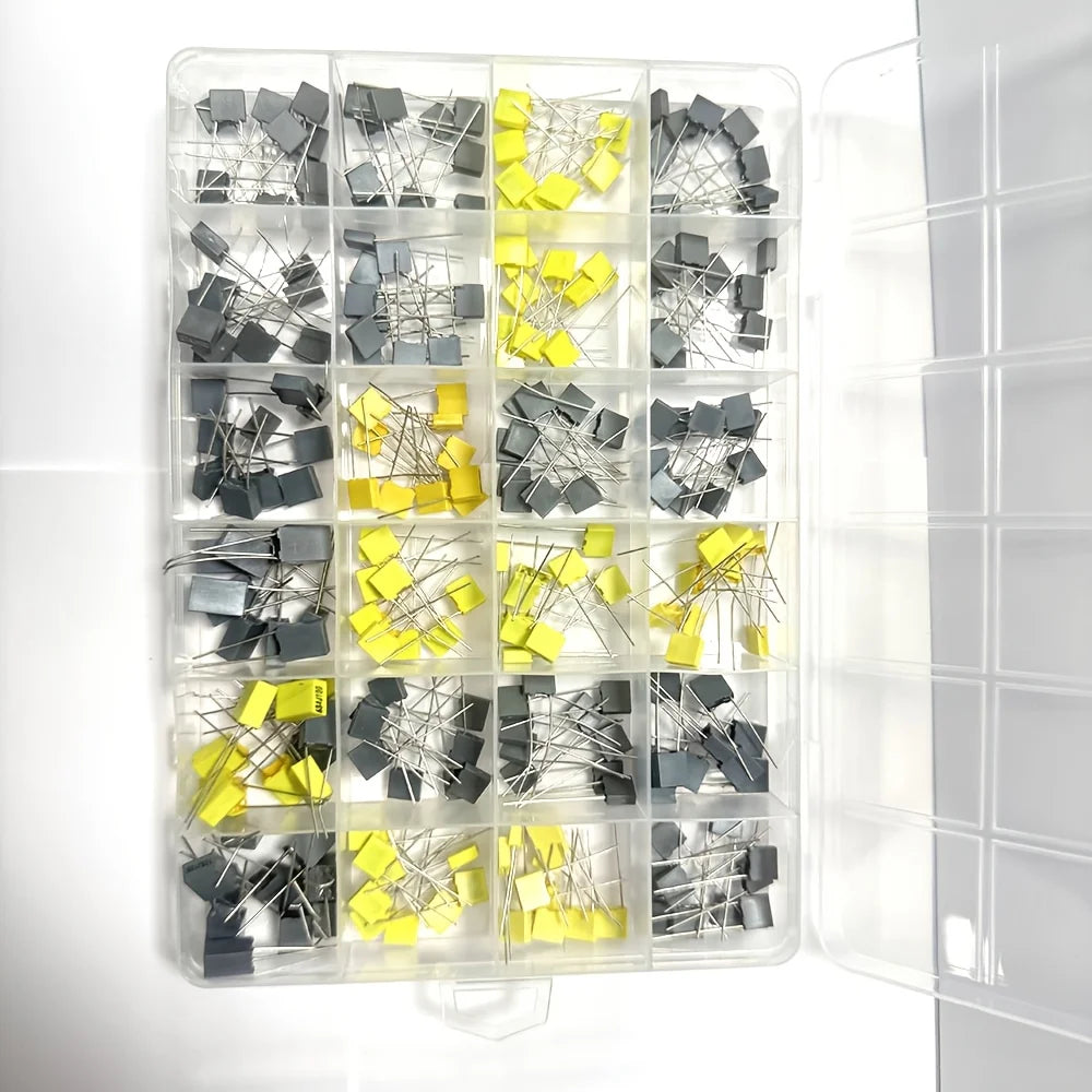240Pcs Correction Capacitor Assorted Kit 24Values x 10Pcs 63V-100V 102J-105J Polypropylene Safety Plastic Film Capacitors