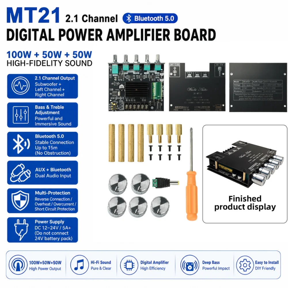 ZK-MT21 2.1-Channel Bluetooth 5.0 Digital Amplifier Module, 100W+50W+50W Subwoofer Audio Amplifier, High-Quality Amplifier Module, Supports Treble and Bass Adjustment, AUX + Bluetooth Input