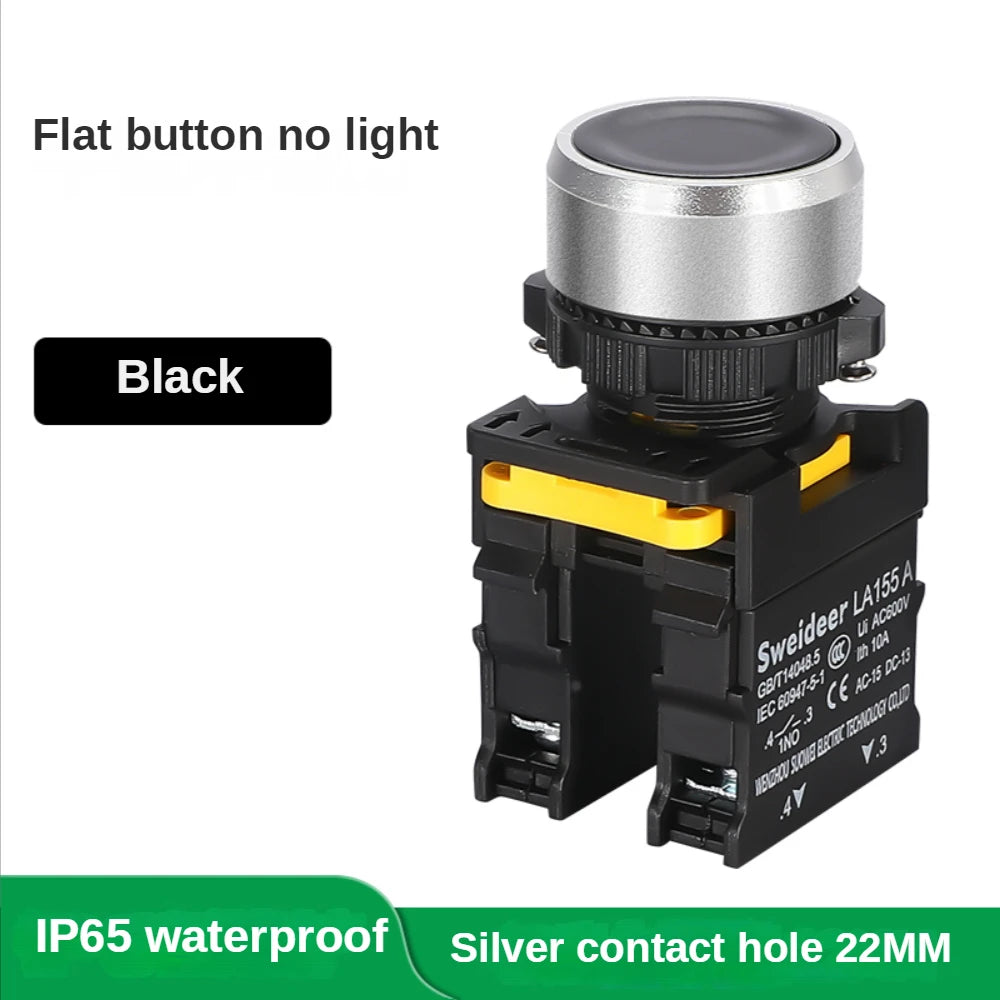 Waterproof Button Switch Momentary Self Reset Self Locking Flat Round Head 22mm Power Push Button Switch 10A 1NO 1NC Red Green