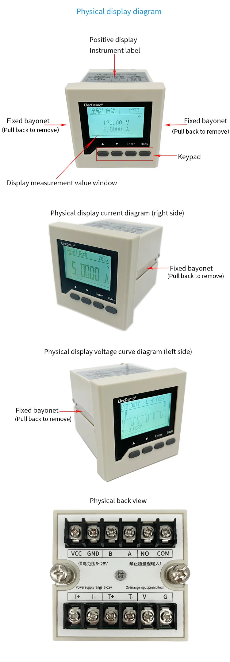 High Precision Isolated Dual Display DC Voltmeter Ammeter Panel Meter, uA Level Detection Threshold Alarm, RS485 Modbus RTU LED