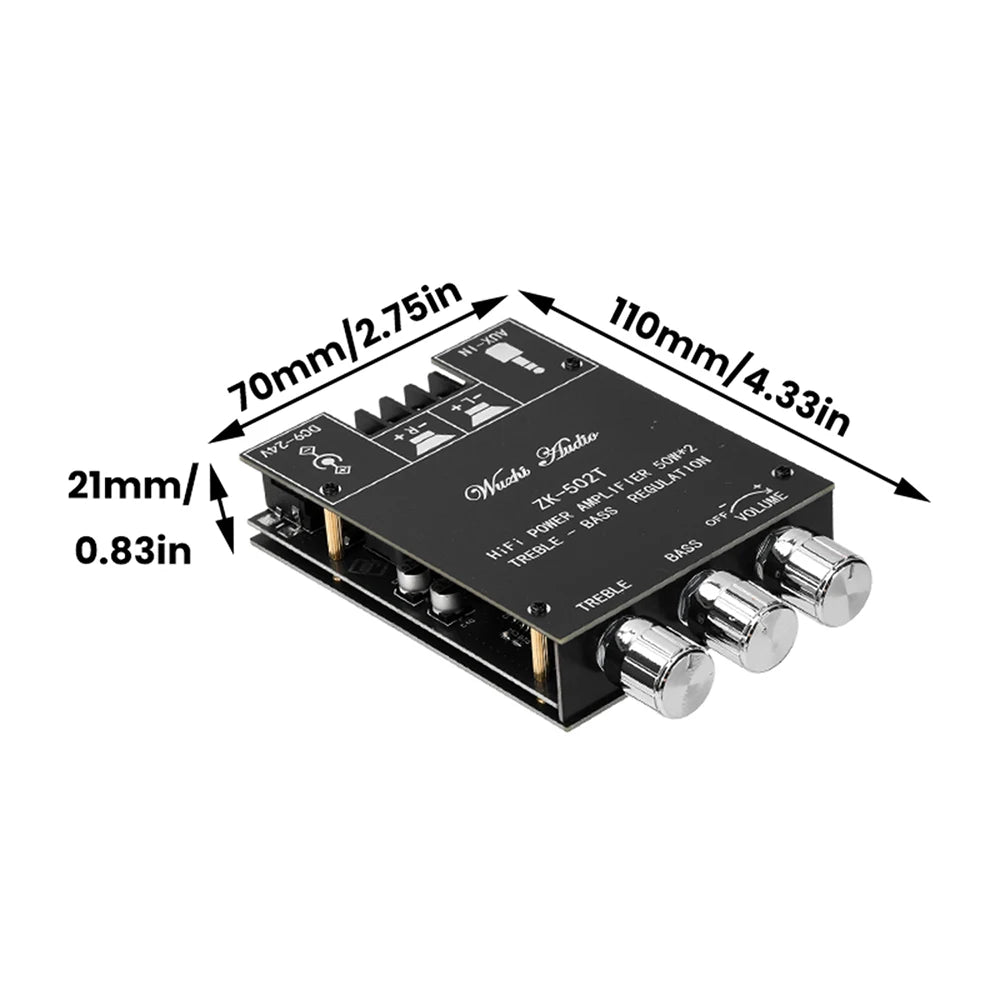 ZK-502T Dual Channel Stereo Power Amplifier Module TPA3116D2 Chip 50Wx2 Bluetooth 5.0 AUX Input DC9-24V High Low Bass Adjustment Audio AMP Board for Speaker DIY