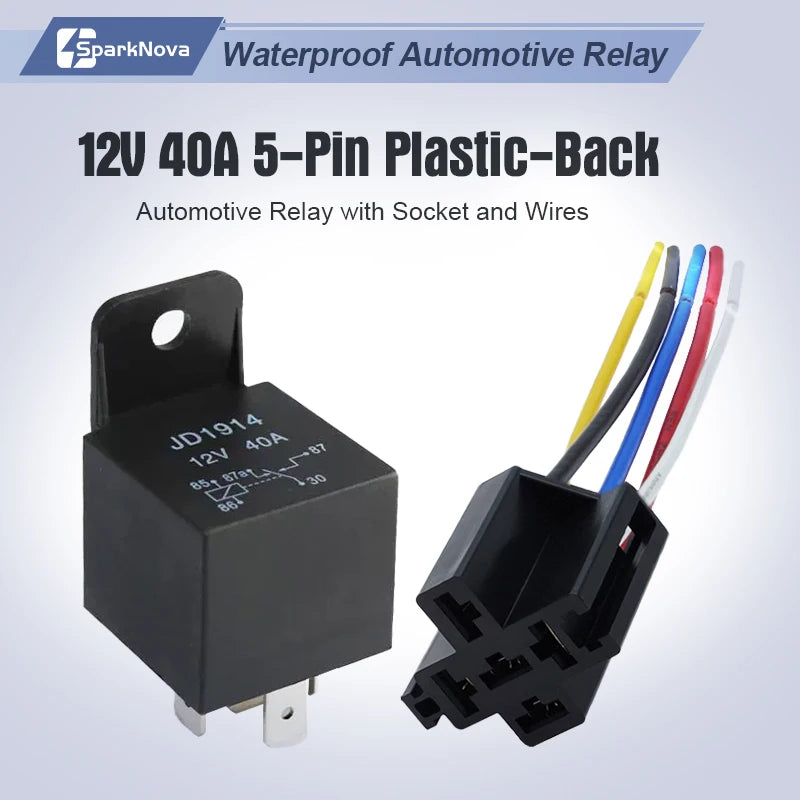 12V 40A 5 Pin Waterproof Automotive Relay with Socket Wire Harness for Car Truck Boat Marine ATV