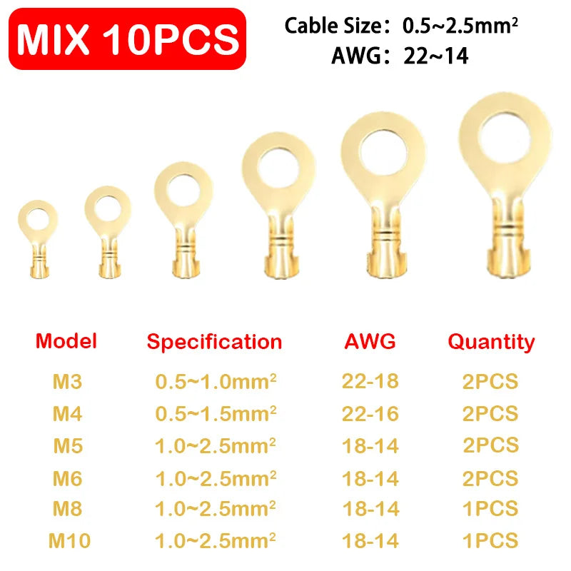 O-type Ground Lugs Terminal Cold-Pressed Copper Tab Wiring Nose Wire Lugs Crimp Wire Connector Eyelets Cable Connection Clamp