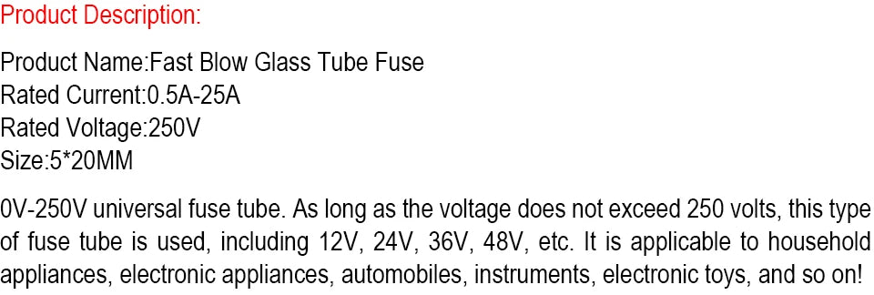 10PCS 5*20MM Fast-Blow Glass Tube Fuse Lead Wires & Single Cap 0.5A 1A 1.5A 2A 3A 4A 5A 6A 7A 8A 10A 12A 12.5A 15A 20A 25A 250V