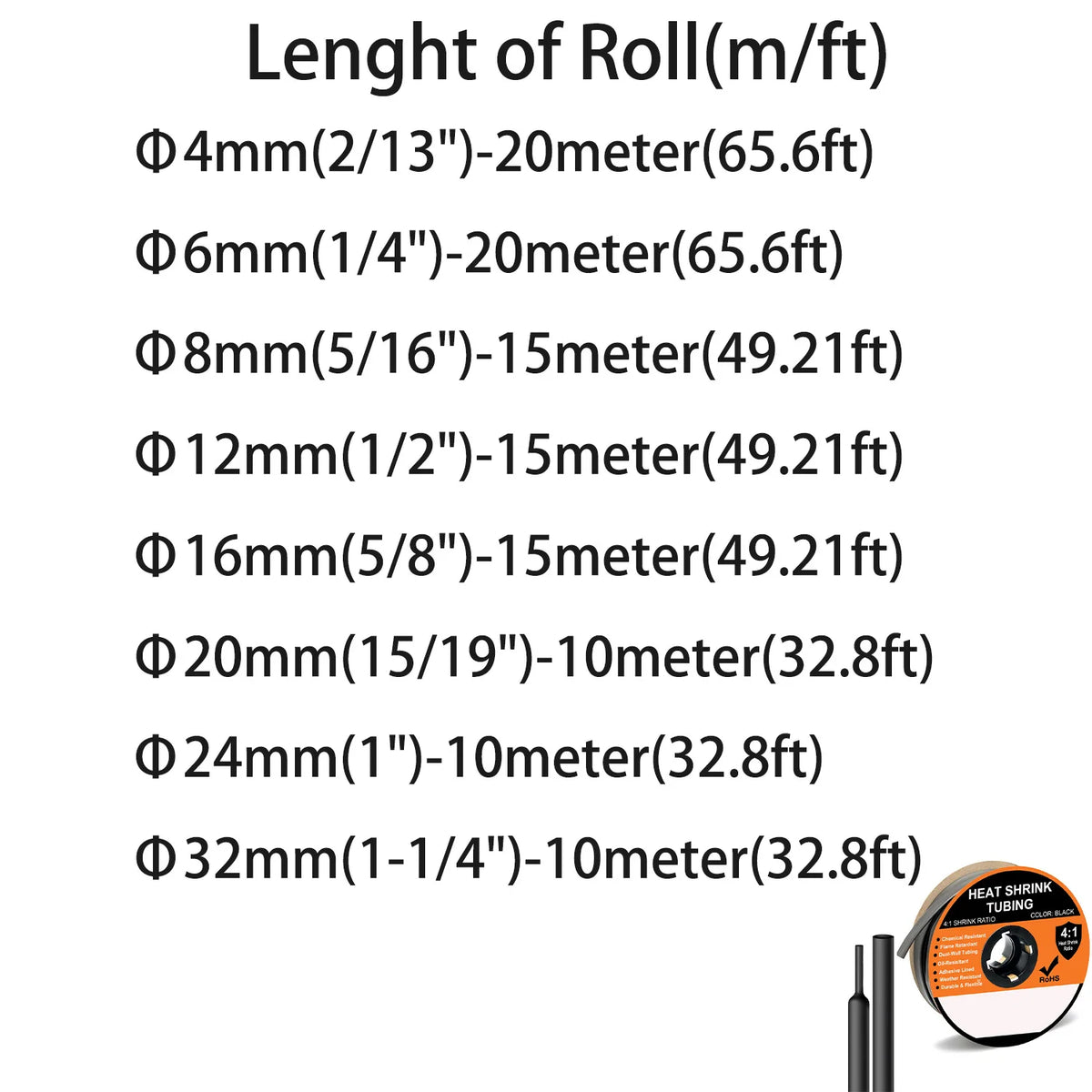 A Roll 4:1 Ratio Heat Shrink Tubing Φ4mm to Φ32m Dual Wall Adhesive Lined Shrinkable Wire Wrap Tube Waterproof Black Sleeves