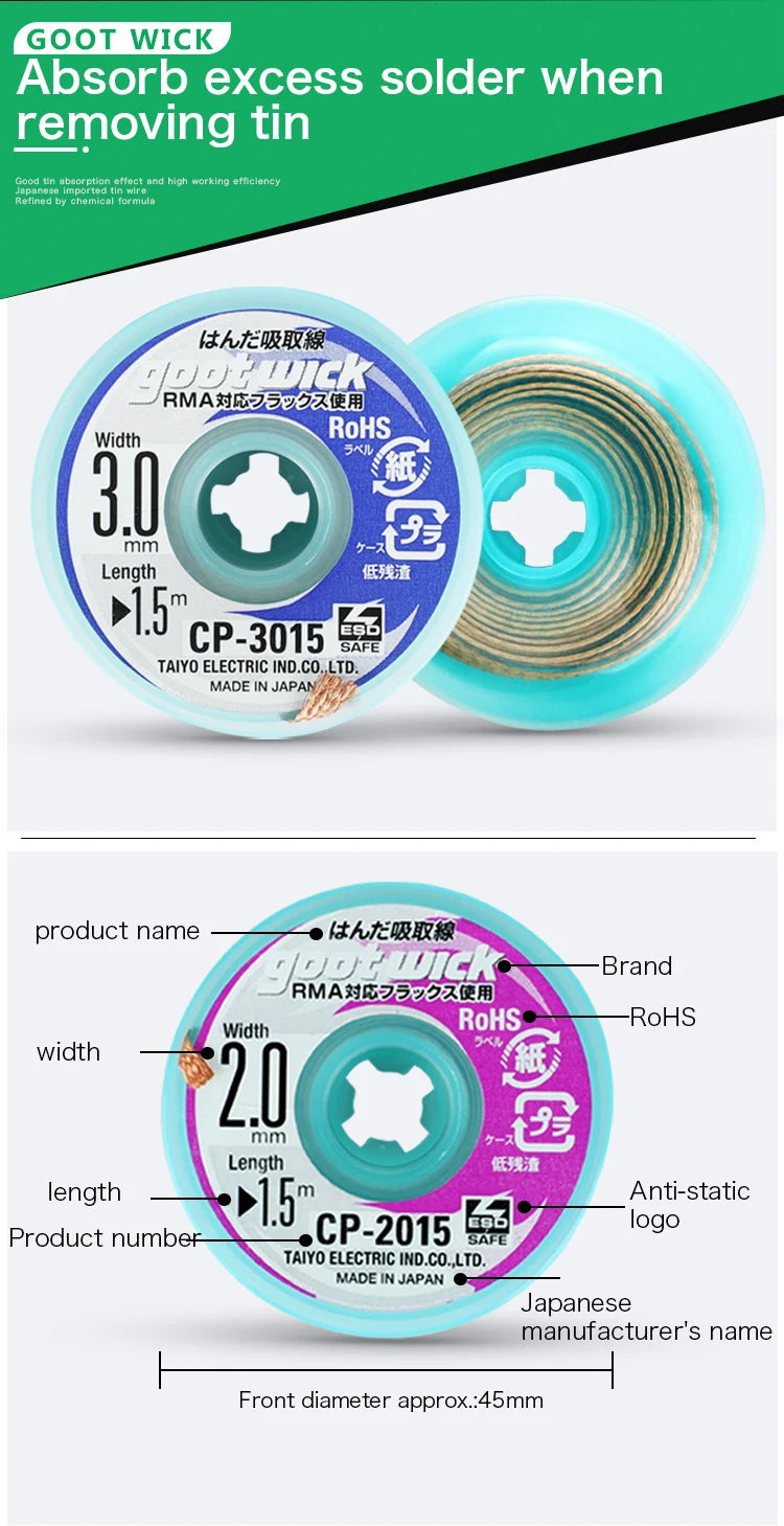 100% Original GOOT Solder Wick No-clean Tin Suction Line Tin Suction Tape Clean Tin Desoldering Wicks Soldering Paste