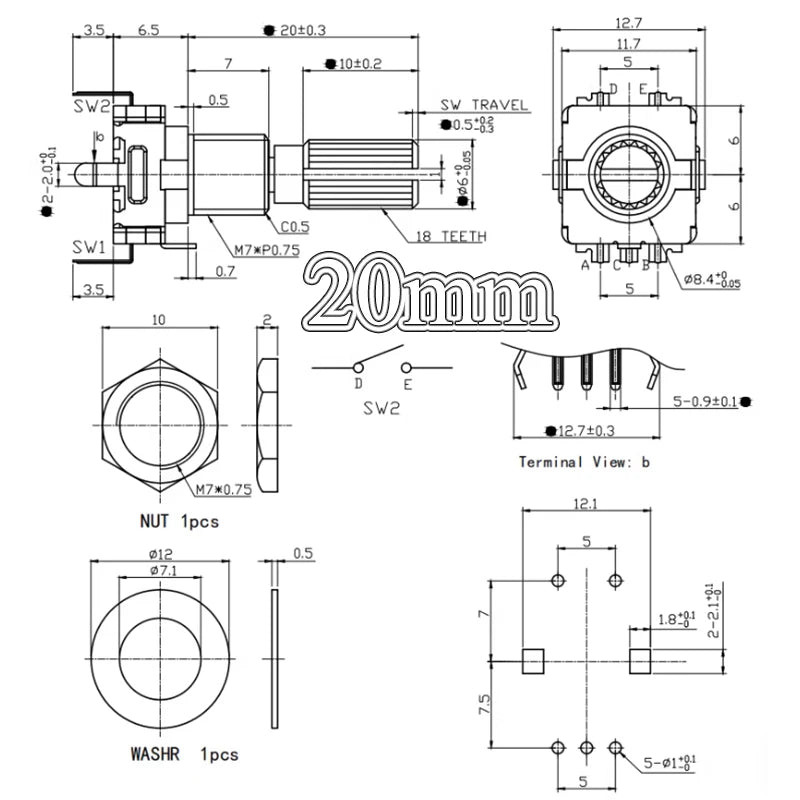 5Pcs 360 Degree EC11 Rotary Encoder 5Pin 20 Position Plum Shaft Digital Signal Potentiometer Handle Long 15mm 20mm
