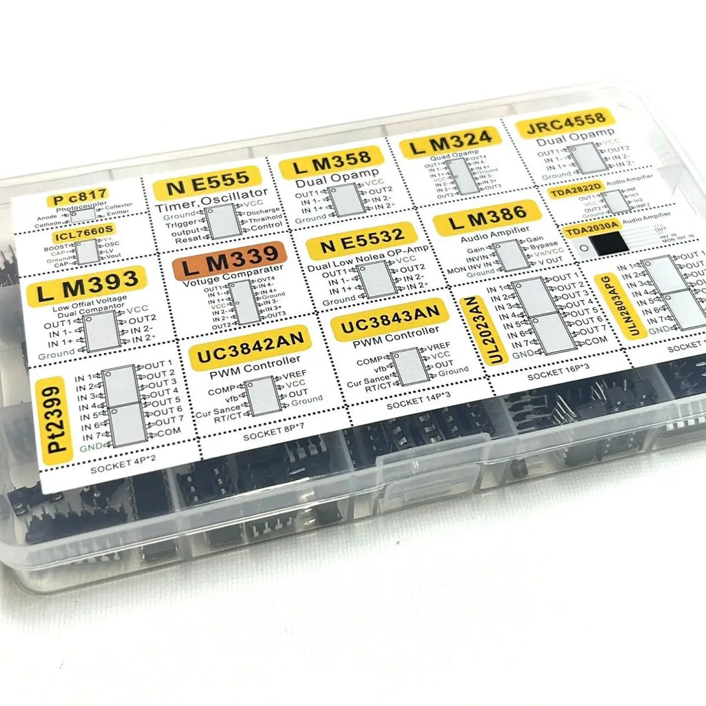 150Pcs Assorted IC Chip Kit Op-Amp Oscillator PC817 NE555 LM358 LM324 Transistor Array Electronic Components Set with Sockets