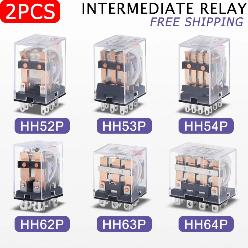 2PCS Miniature Coil General Electromagnetic Intermediate Relay Switch HH52P 53P 54P 62P 63P LED 12/24VDC 110/220VAC