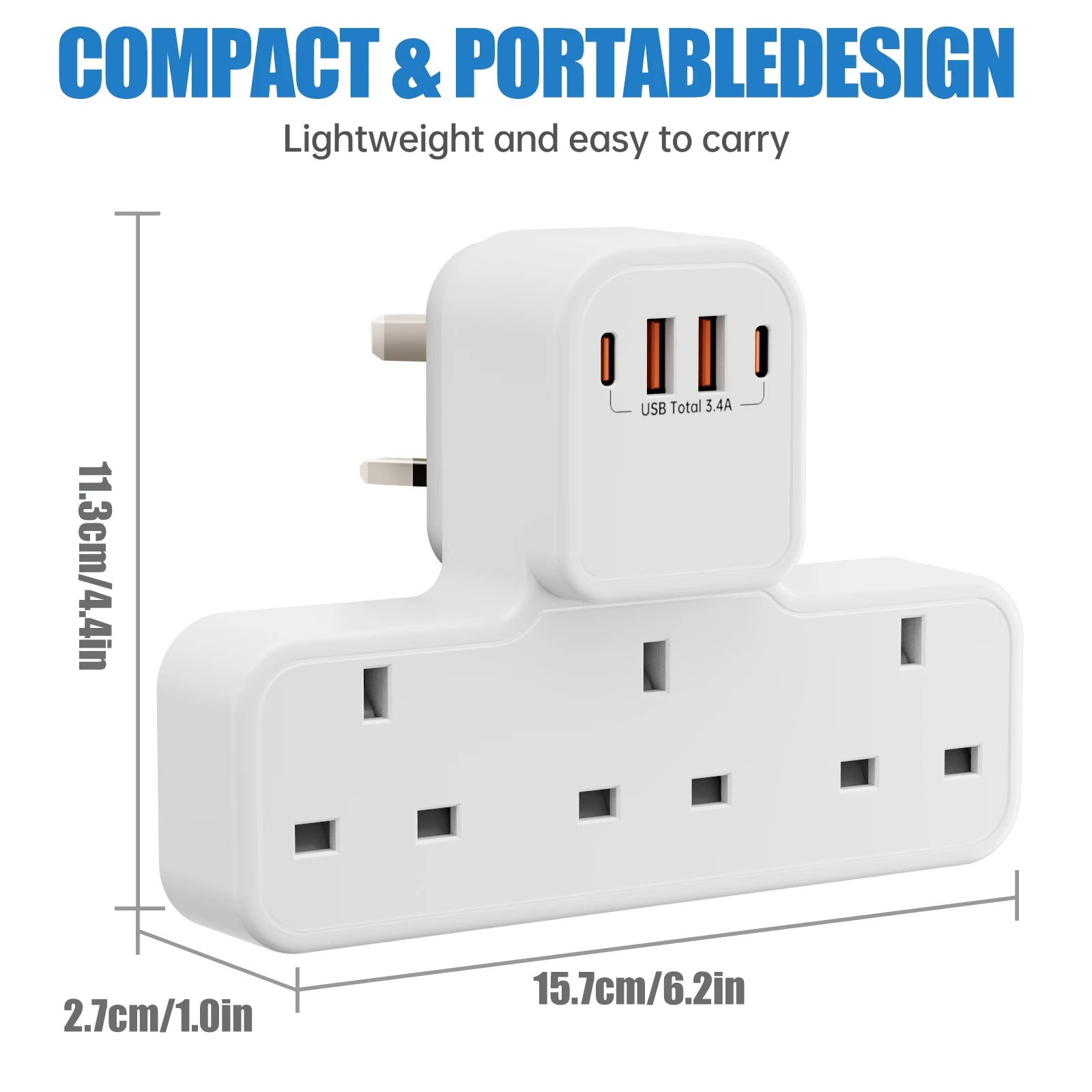 3250W Uk Ac Plug Power Strip Electrical Wall Mounted Outlet Multitap Network Filter with 2 Usb-A 2 Usb-C Charging Adapters