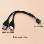 Motherboard 9-Pin to Dual USB 2.0 Female/Male Extension Cable 2.54mm Pin Header Connector for PC Case Front Panel 20cm/30cm/50cm