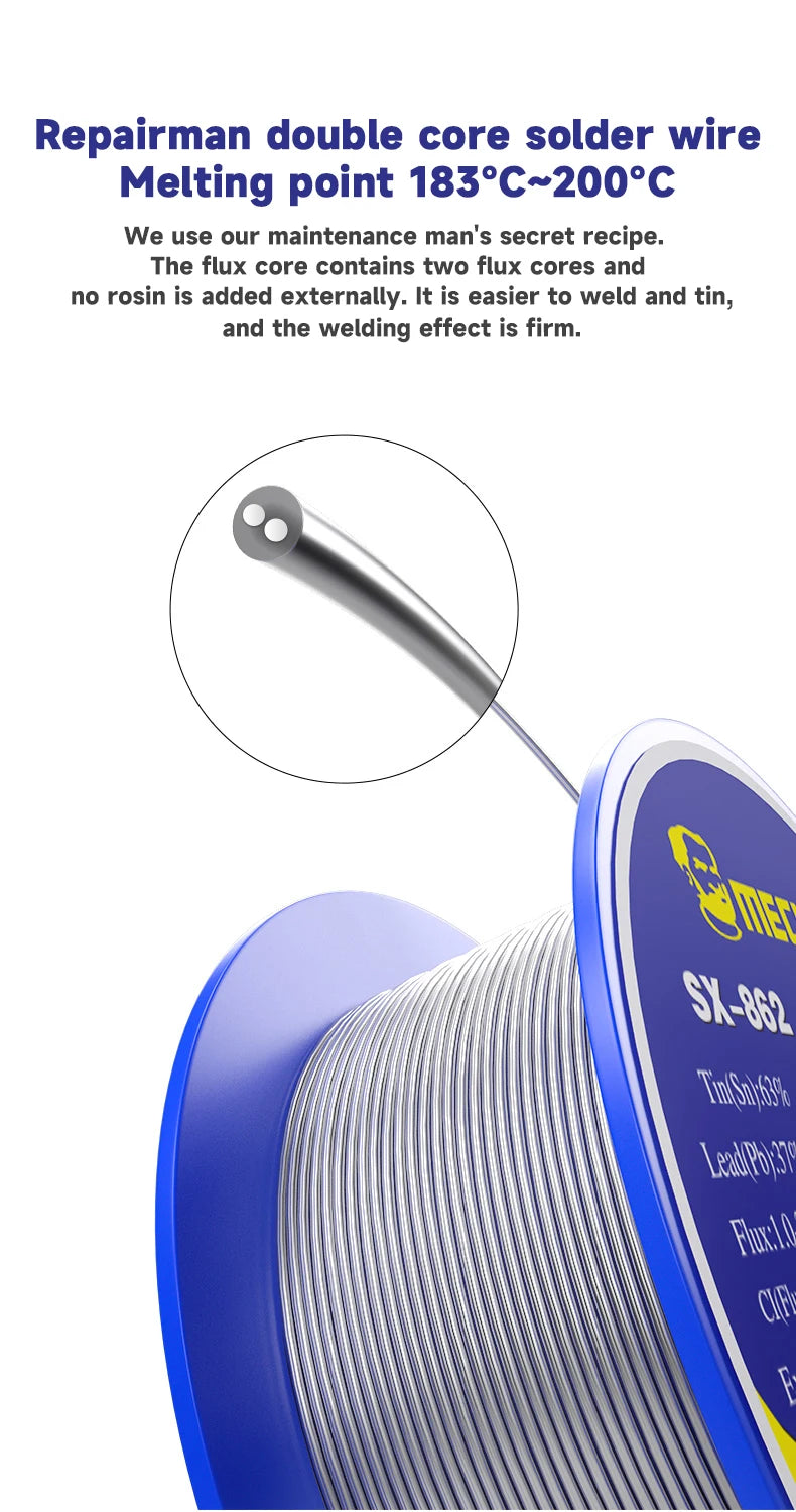 MECHANIC 0.3-1.0mm Dual Core Rosin Flux Solder Wire 40g Fast Melting Low Residue for PCB Motherboard Repair 5PCS Pack SX-862