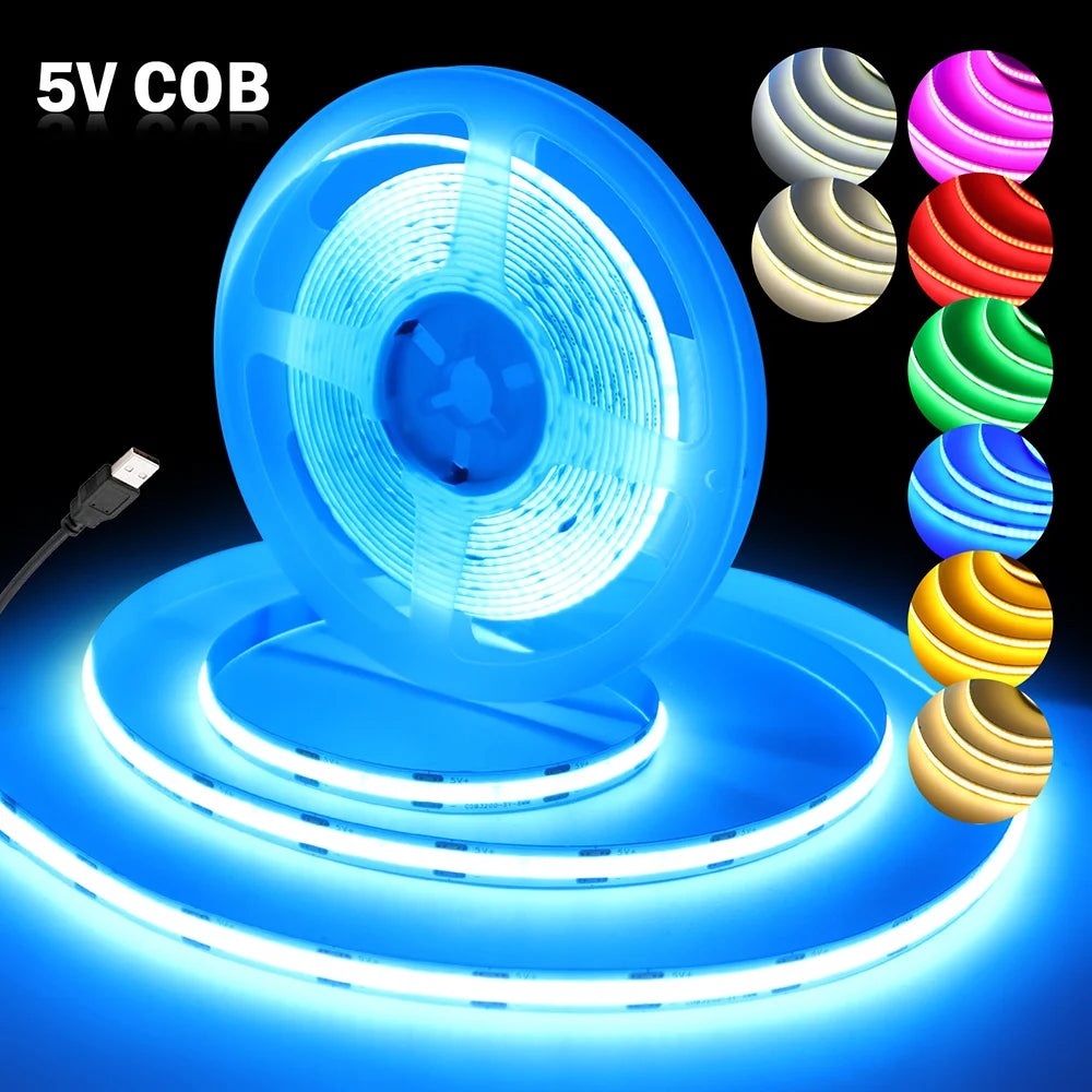 5V USB COB LED Strip Light Tape White Red Green Pink Ice Blue Yellow Flexible 320 LEDs 8mm PCB Ribbon TV Backlights Night Lamp