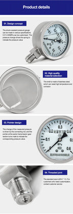 Stainless Steel Pressure Gauge Shock-resistant Radial Water Pressure 1.6Mpa Air Pressure Oil Pressure Hydraulic Vacuum Pressure