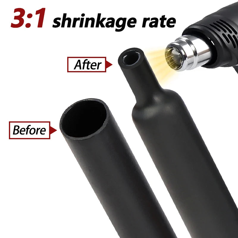 1/2/3M Heat Shrink Tube with Glue 1.6mm - 50mm Black Dual Wall Adhesive Lined Polyolefin Shrinkin Wrap Cable Protect Sleeving