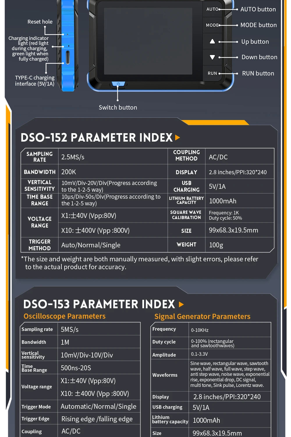 FNIRSI DSO152 TC3 Handheld Digital Oscilloscope With 200KHz/500kHz Bandwidth Supporting LCR Detection Signal Generator PWM Outpu