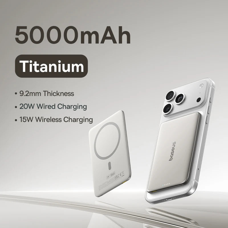 Baseus 5000mAh Magnetic Power Bank 15W Wireless 20W Wired Charging Thin Card-Sized Slim Portable Powerbank for iPhone 17 Samsung