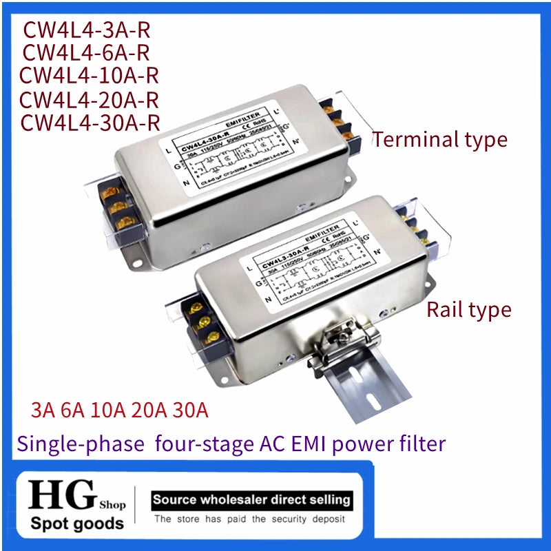 Single-phase AC EMI power filter 220V four-stage CW4L4-3/6/10/20/30A-R Terminal type/rail type anti-interference CW4L4-10A-R