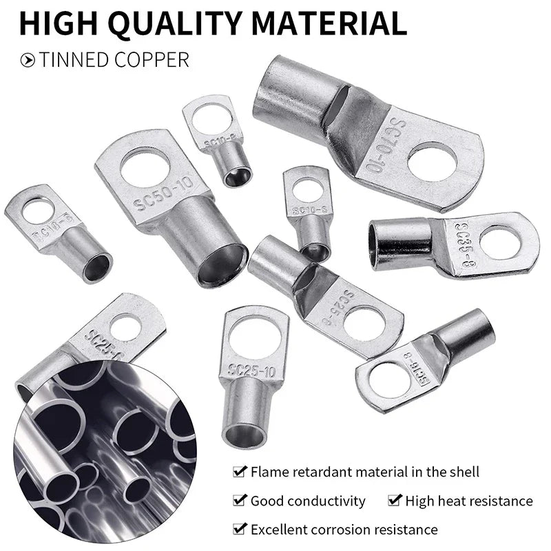 60/100/170pcs SC Bare Bolt Hole Tinned Copper Cable lugs Battery Terminal Wire Terminals Connector Suit SC10-6 SC16-8 SC25-8