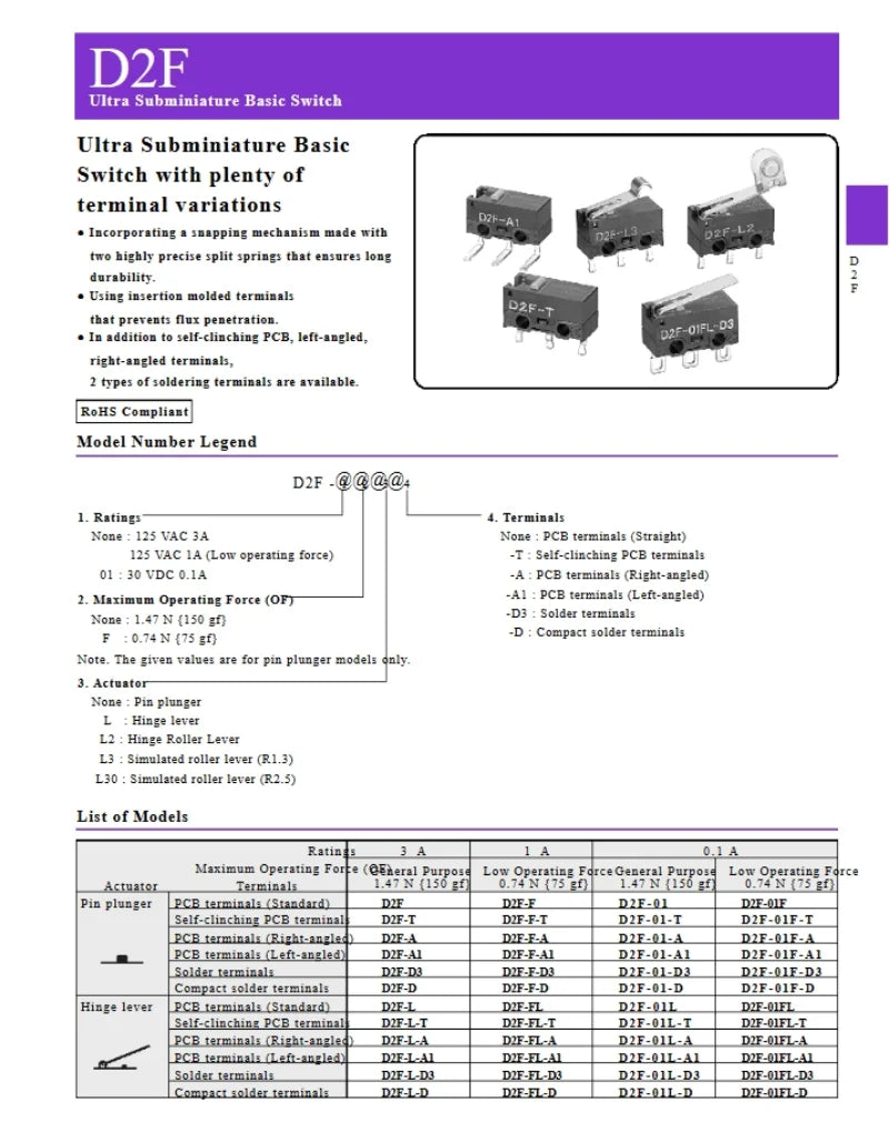 D2F - F-3-7 Snap Action N.O./N.C. SPDT Pin Plunger 3A 125VAC 30VDC 1.47N Travel micro switch for Omron mouse switch