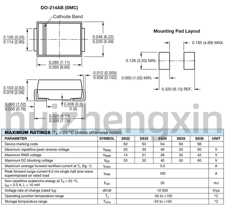 10PCS SS32-E3/57T S2 SS33-E3/57T S3 SS34-E3/57T S4 SS35-E3/57T S5 SS36-E3/57T S6 3A Schottky diode SMC/DO-214AB
