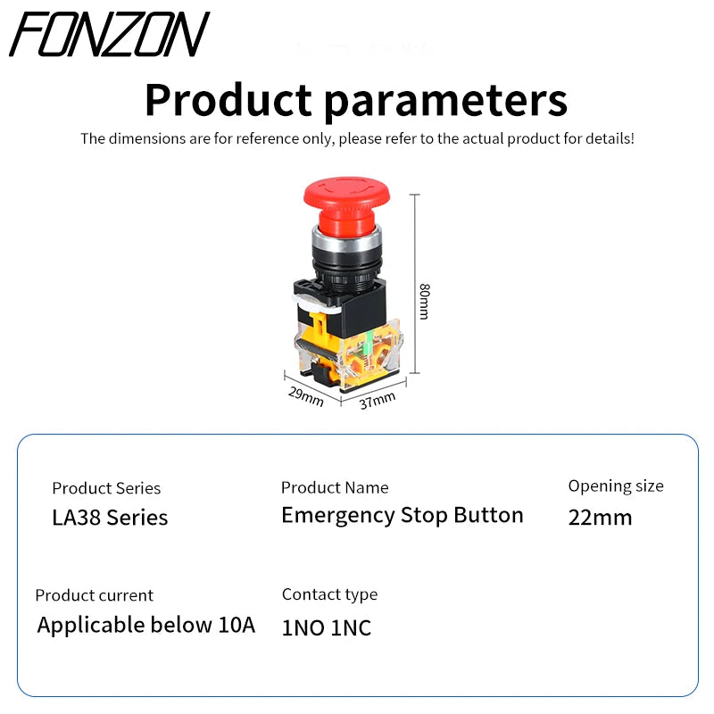 LA38-11ZS Self-Locking 22mm Emergency Power Button Switch Mushroom Head Emergency Stop Button 10A 1NO 1NC