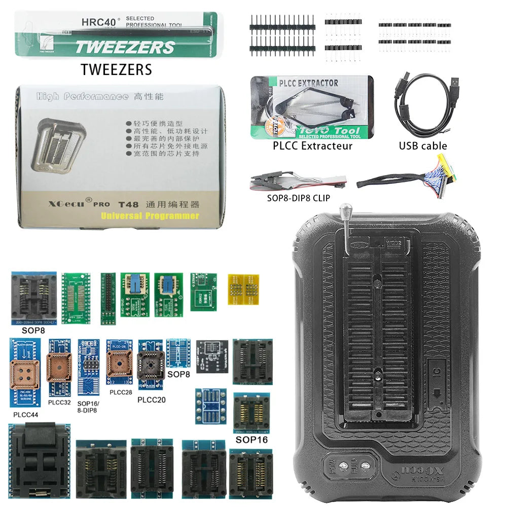 XGecu T48 (TL866-3G) Programmer + 27 Adapters + ISP Cable Support 34000+ ICs for SPI/Nor/NAND Flash/EMMC BGA/TSOP/SOP/PLCC