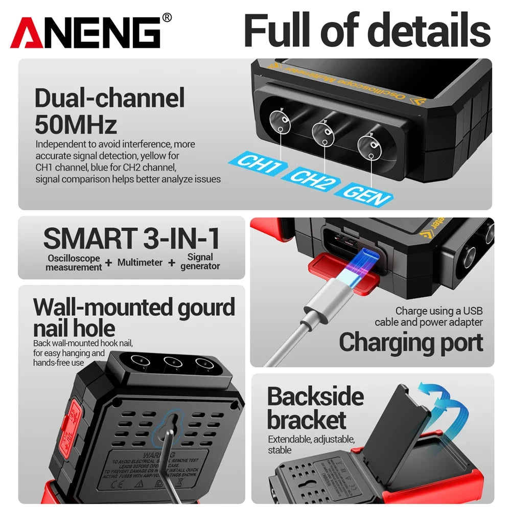 Dual-channel Oscilloscope Rechargeable 50MHz Bandwidth 200MSa/s Sampling Smart Automatic 3-in-1 Detector 25000 Count ANENG AOS05