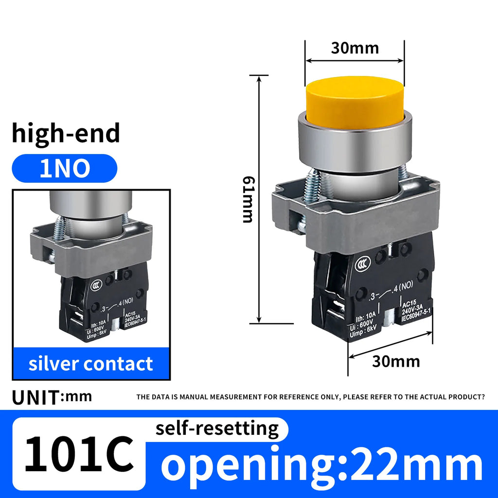 10Pcs 22MM High head Momentary Push Button Switch 1NO1NC SPDT 10Amp 600V Metal Head Waterproof IP65,Control power button switch