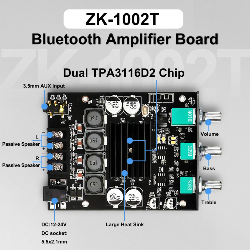200W ZK-1002T 2.0 Channel HIFI Subwoofer Digital Power Amplifier AUX BT5.0 Audio Module Stereo Audio Amplifier for Home Woopker