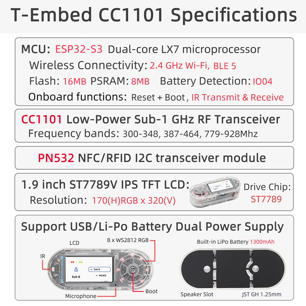 LILYGO® T-Embed ESP32-S3 CC1101 Low-Power Sub-1 GHz RF Transceiver PN532 NFC RFID I2C Module LCD Board Built-in Battery 1300mAh