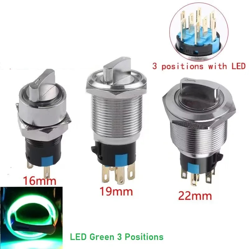 16/19/22mm, Metal Rotary Switch, Selected Toggle Switch With LED 12-24V, 2 Positions / 3 Position Waterproof