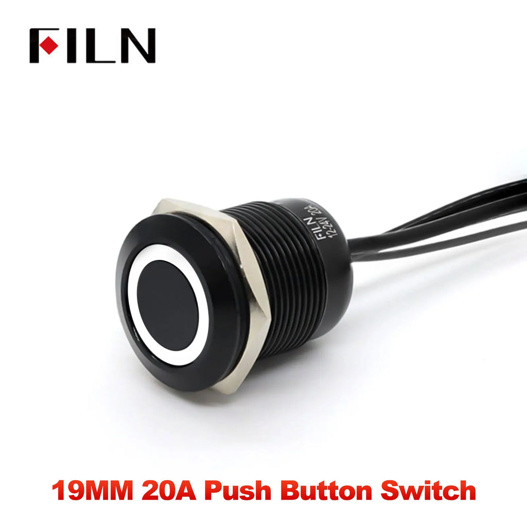 FILN 19MM 20A 12V 24V 110V 220V LATCHING MOMENTARY Flat Ring Round Push Button Switch IP66 Metal Stainless Steel  with 20cm Wire