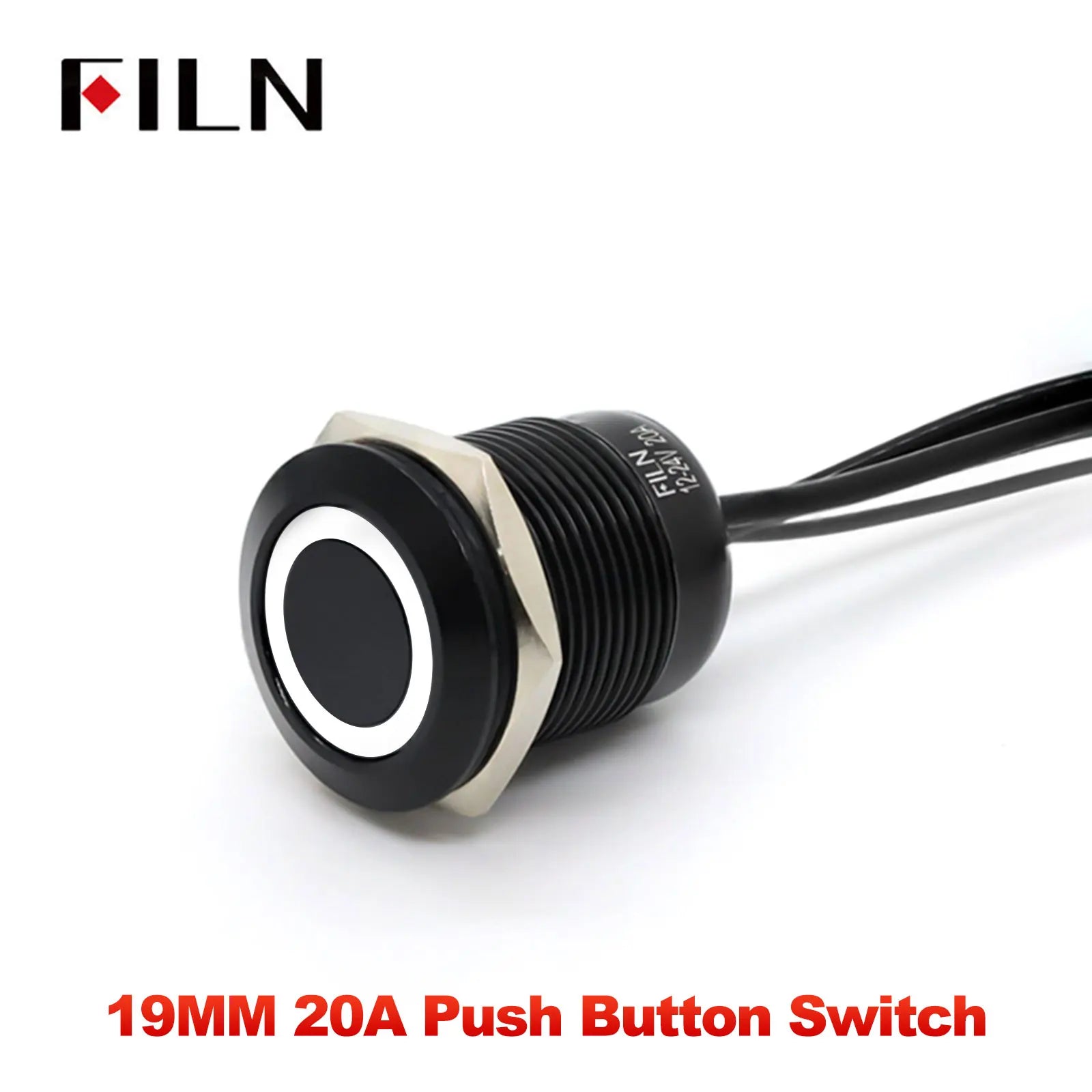 FILN 19MM 20A 12V 24V 110V 220V LATCHING MOMENTARY Flat Ring Round Push Button Switch IP66 Metal Stainless Steel  with 20cm Wire