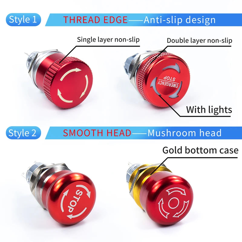 16mm 19mm 22mm metal emergency stop button switch stainless steel waterproof mushroom head Rotation reset Anti-slip thread