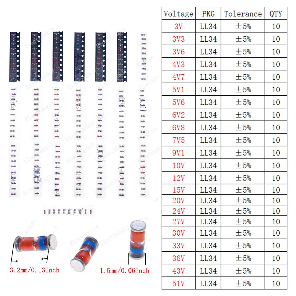 DIP SMD Zener Diode Fast Switching Schottky TVS Diode Assorted Kit 1N4007 1N5408 FR207 1N5819 1N5822 1N4148 10A10 M7 SS14 2V-47V