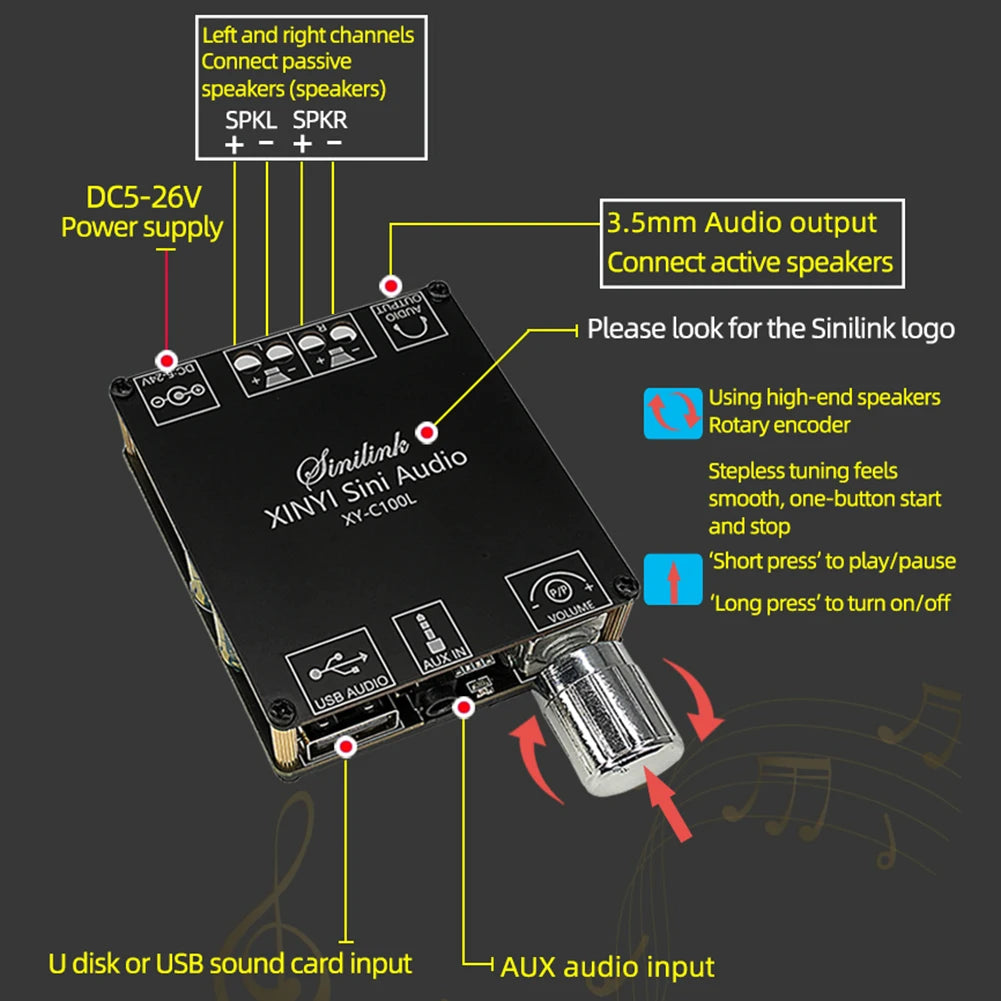 XINYI Sini Audio C50L/C100L Stereo Bluetooth Digital Power Amplifier Board 50W Dual Channel 360 Degree Stepless Tuning AMPModule