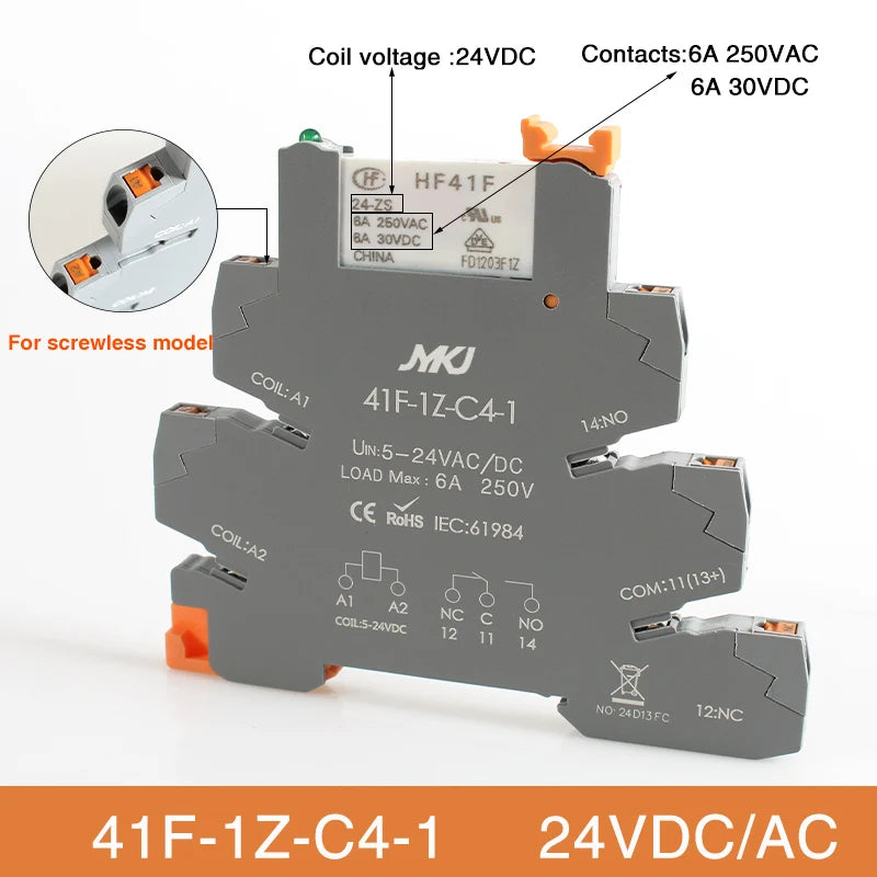 Din Rail Slim Relay Module 41F-1Z-C4-1 Integrated PCB Mount Power Relay With Relay Holder  Relay Socket 6.2mm